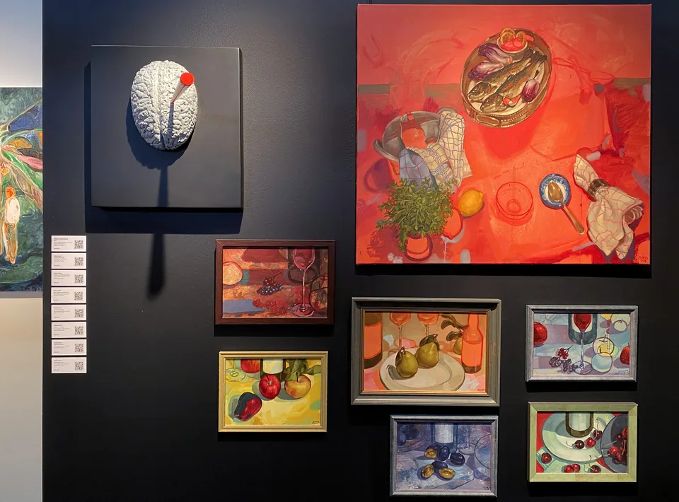 Paintings and sculpture at the gallery booth